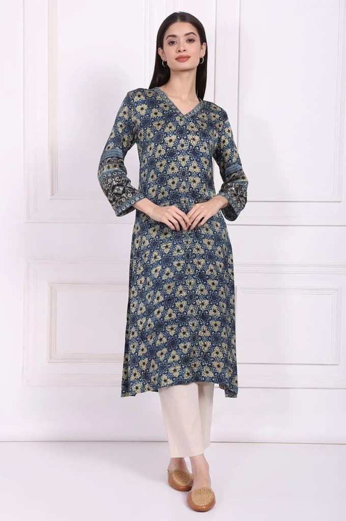 Blue Floral Printed Thread Embroidered Modal Satin Straight Kurta — XS