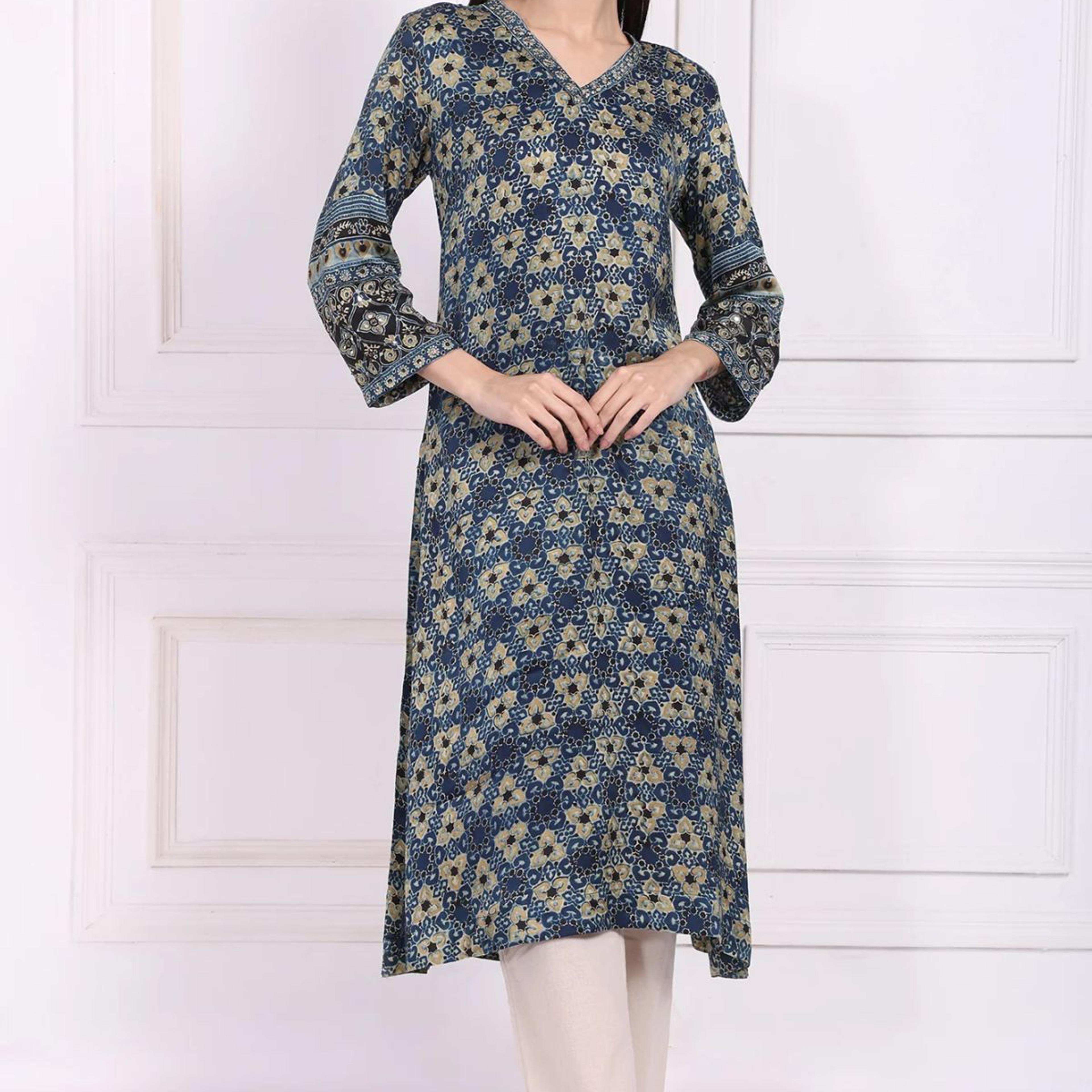 Blue Floral Printed Thread Embroidered Modal Satin Straight Kurta