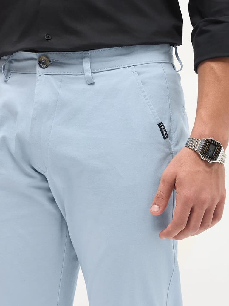 Men's Light Sky Blue Cotton Regular Fit Casual Chinos Trousers Stretch — photo 5
