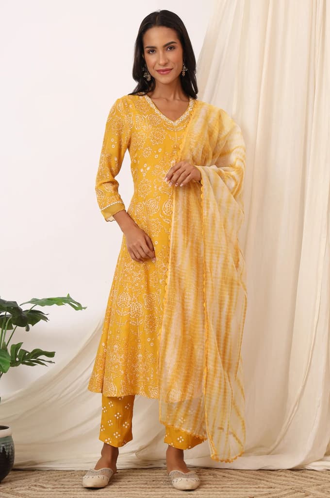 Mango Yellow Printed Flared Kurta and Pants Set with Dupatta — photo 3