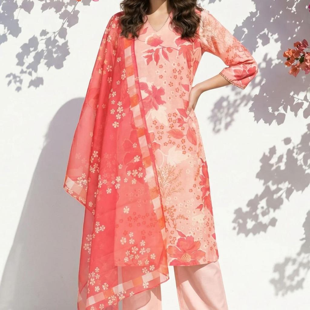 Peach Floral Printed Straight Chanderi Kurta with Pants and Dupatta Set
