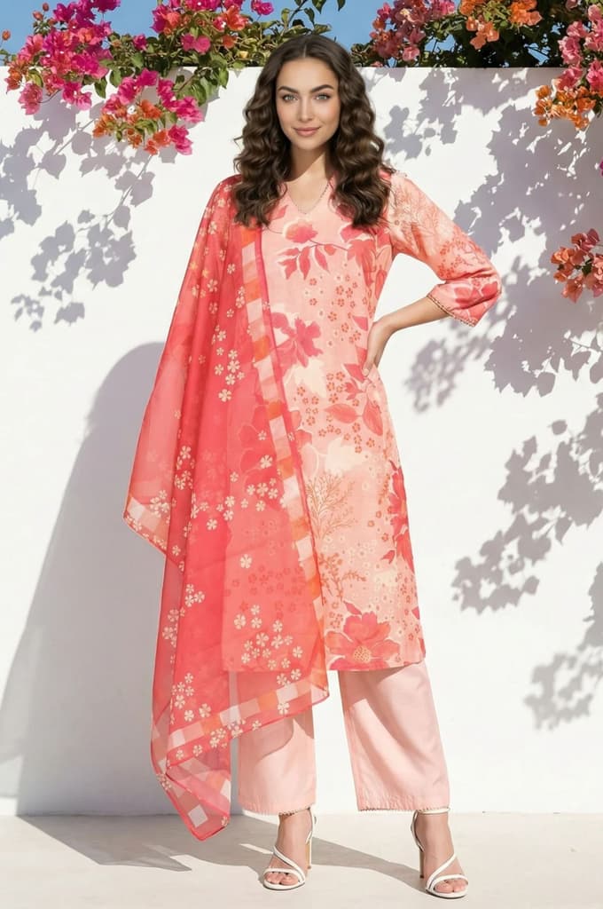 Peach Floral Printed Straight Chanderi Kurta with Pants and Dupatta Set — XS