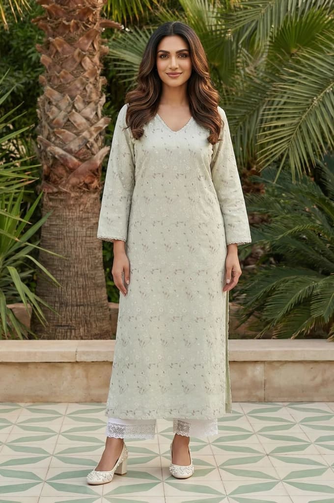 Green Chikankari Pure Cotton Straight Kurta — XS