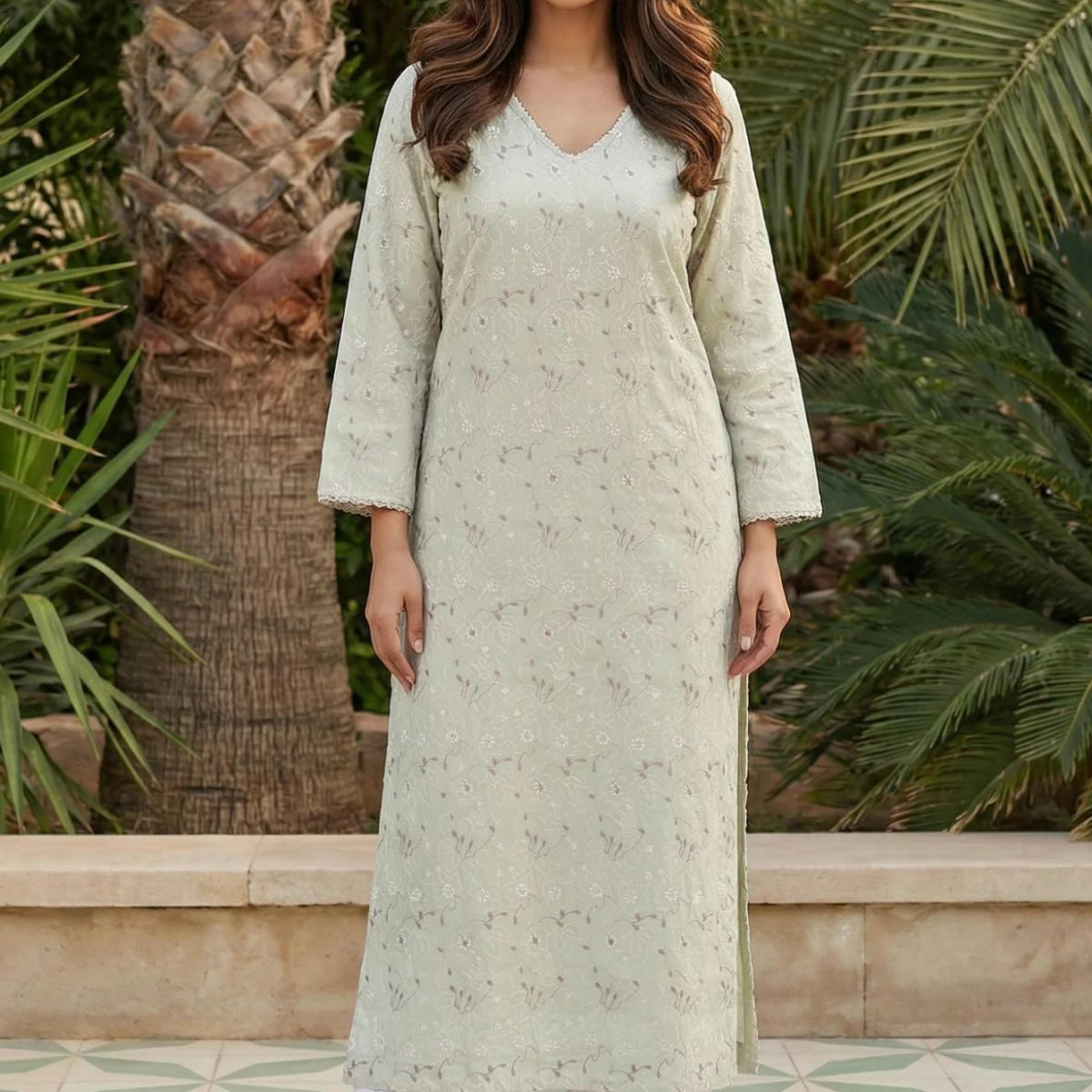 Green Chikankari Pure Cotton Straight Kurta