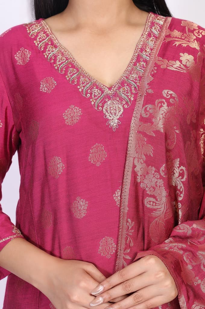 Magenta Embroidered Jacquard A-Line Kurta with Straight Pant and Dupatta Set — photo 3