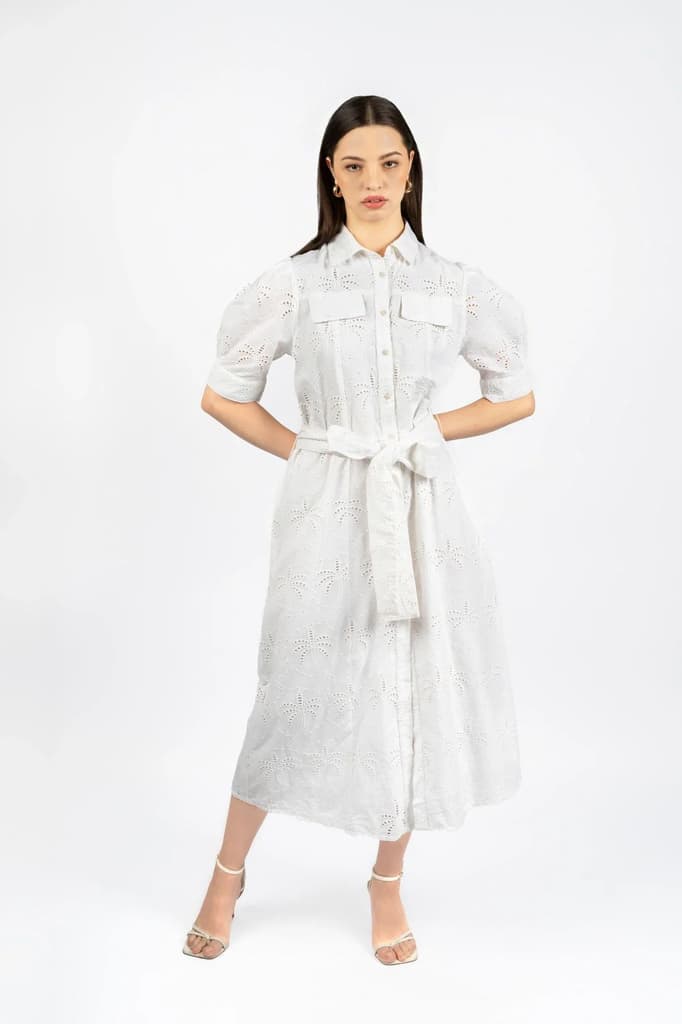 White Cotton Schiffly Midi Fit & Flare Dress — photo 5