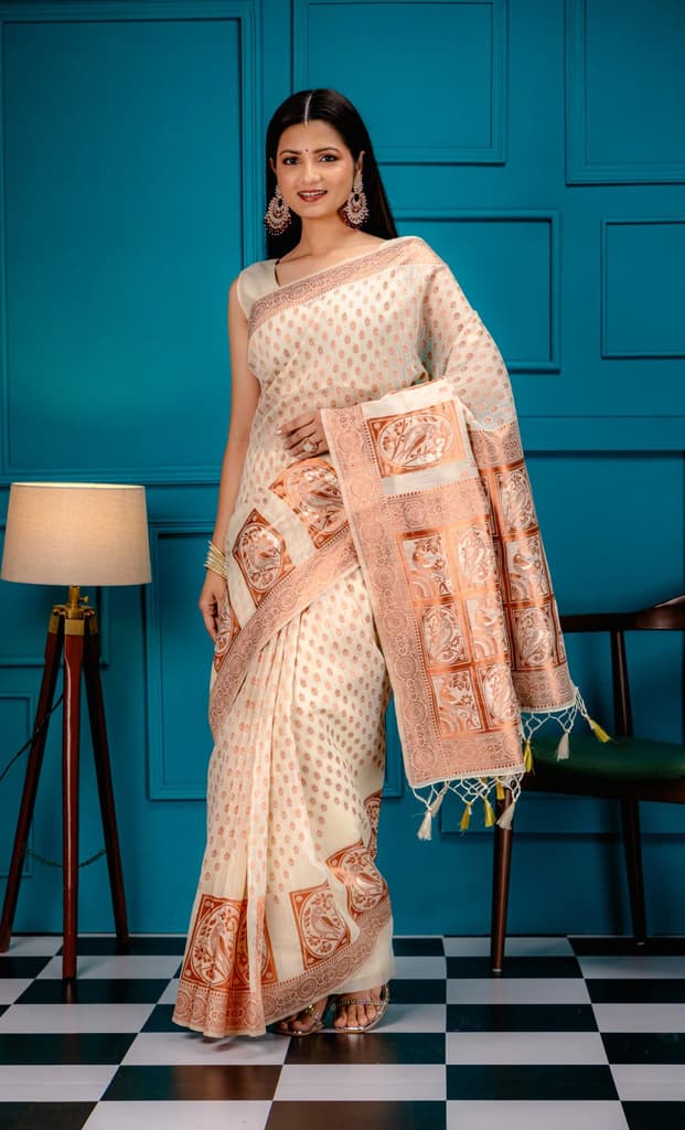 Mimosa Women's Woven Design Banarasi Style Art Silk Saree With Blouse Piece : SA00001807HWFREE — Halfwhite