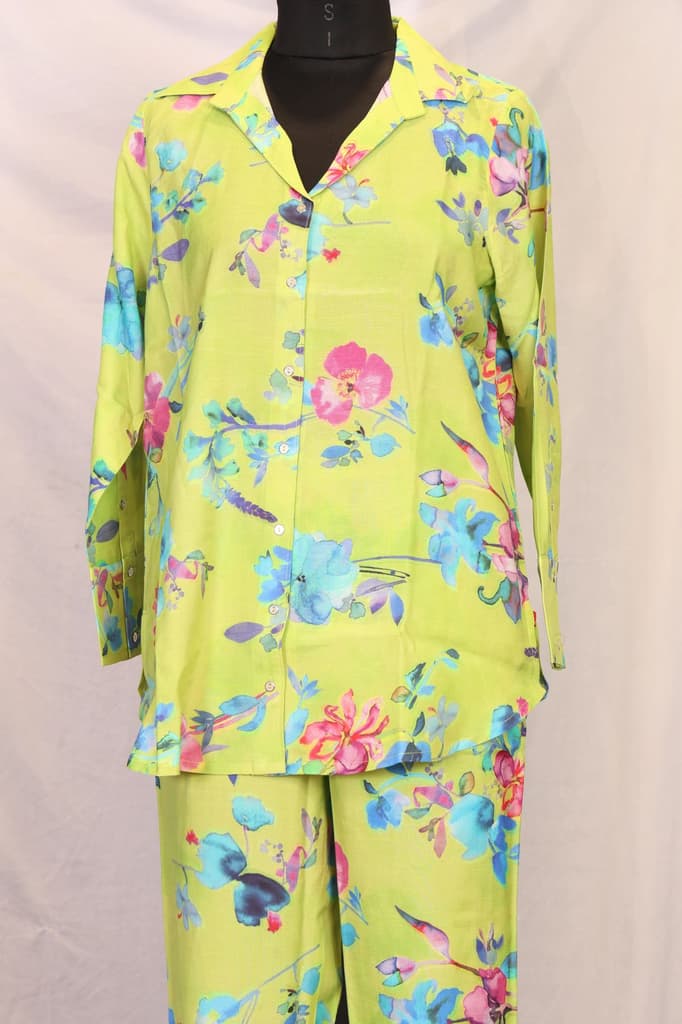 Lime Green Floral Printed Straight Shirt with Pants Co-ord Set — photo 2
