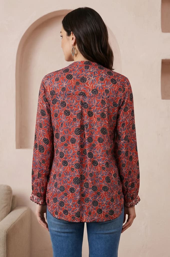 Red Ajrak Printed Modal Satin Straight Top — photo 5