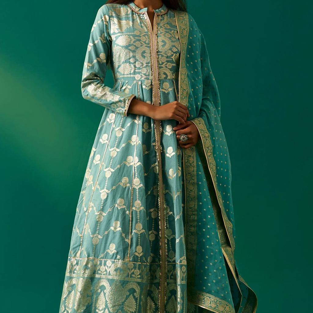 Aqua Green Zari Embroidered Jacquard Anarkali and Dupatta Set