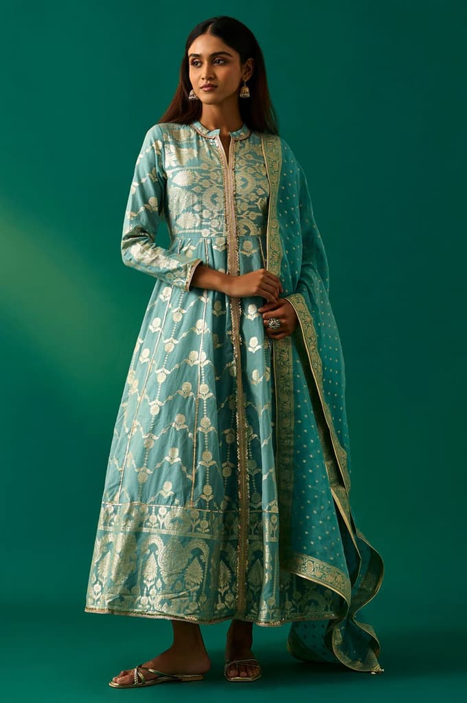 Aqua Green Zari Embroidered Jacquard Anarkali and Dupatta Set — XS