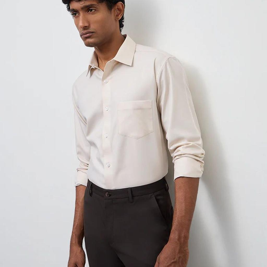 WES Formals Beige Relaxed-Fit Cotton Shirt