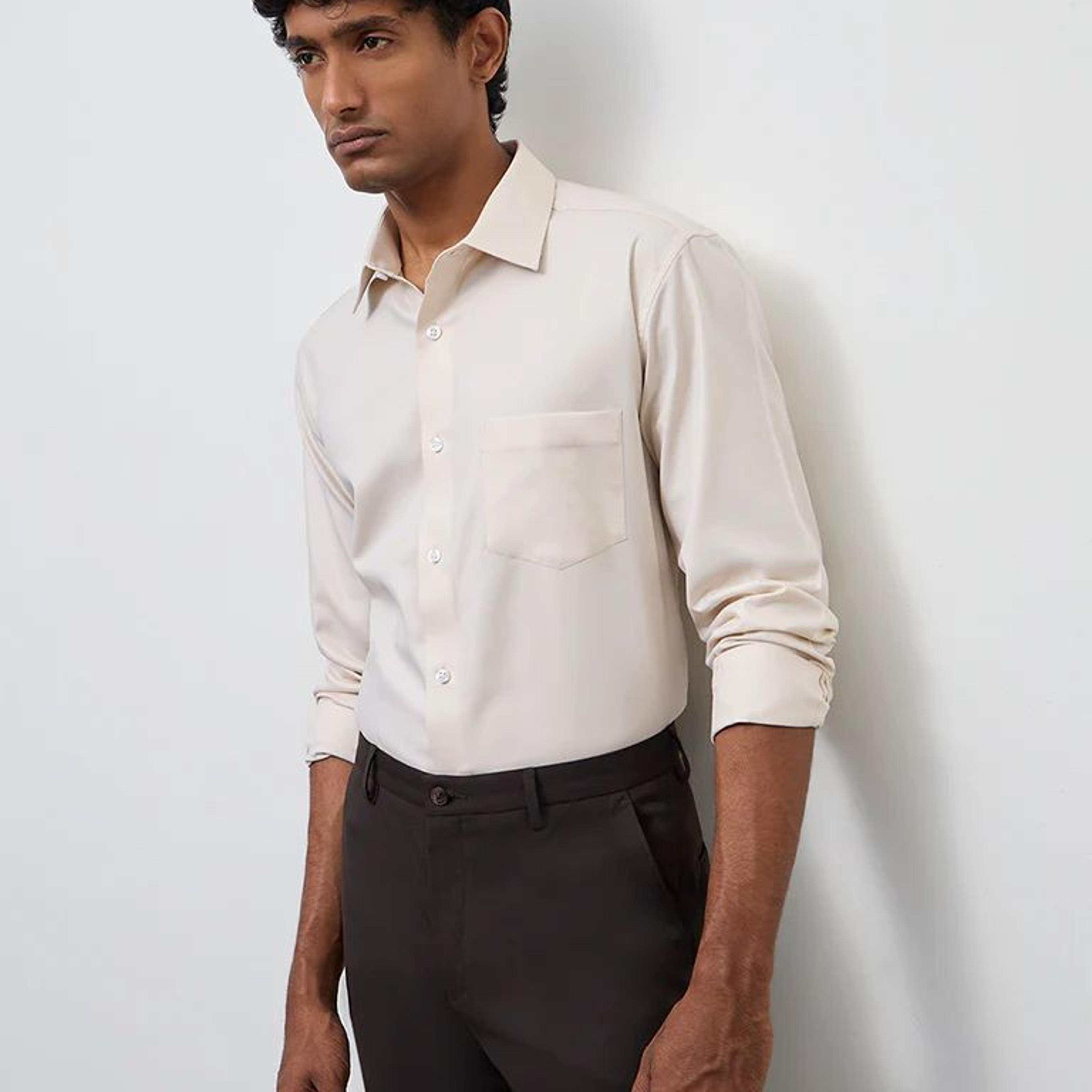 WES Formals Beige Relaxed-Fit Cotton Shirt