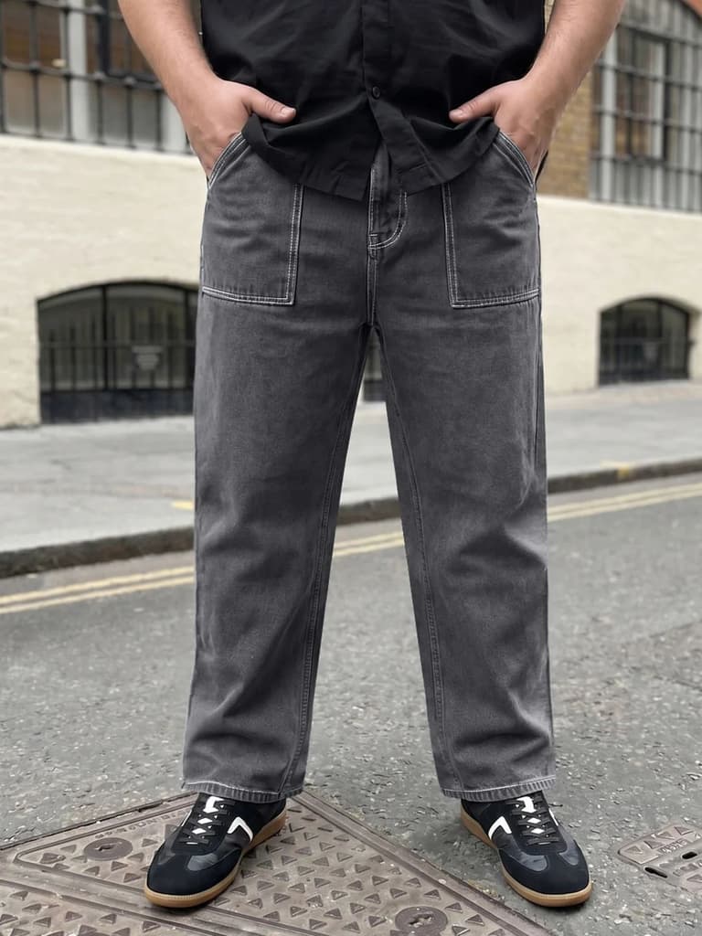 Plus Men's Dark Grey Loose Baggy Fit Washed Denim Jeans Non-Stretchable — 36 / Dark Grey