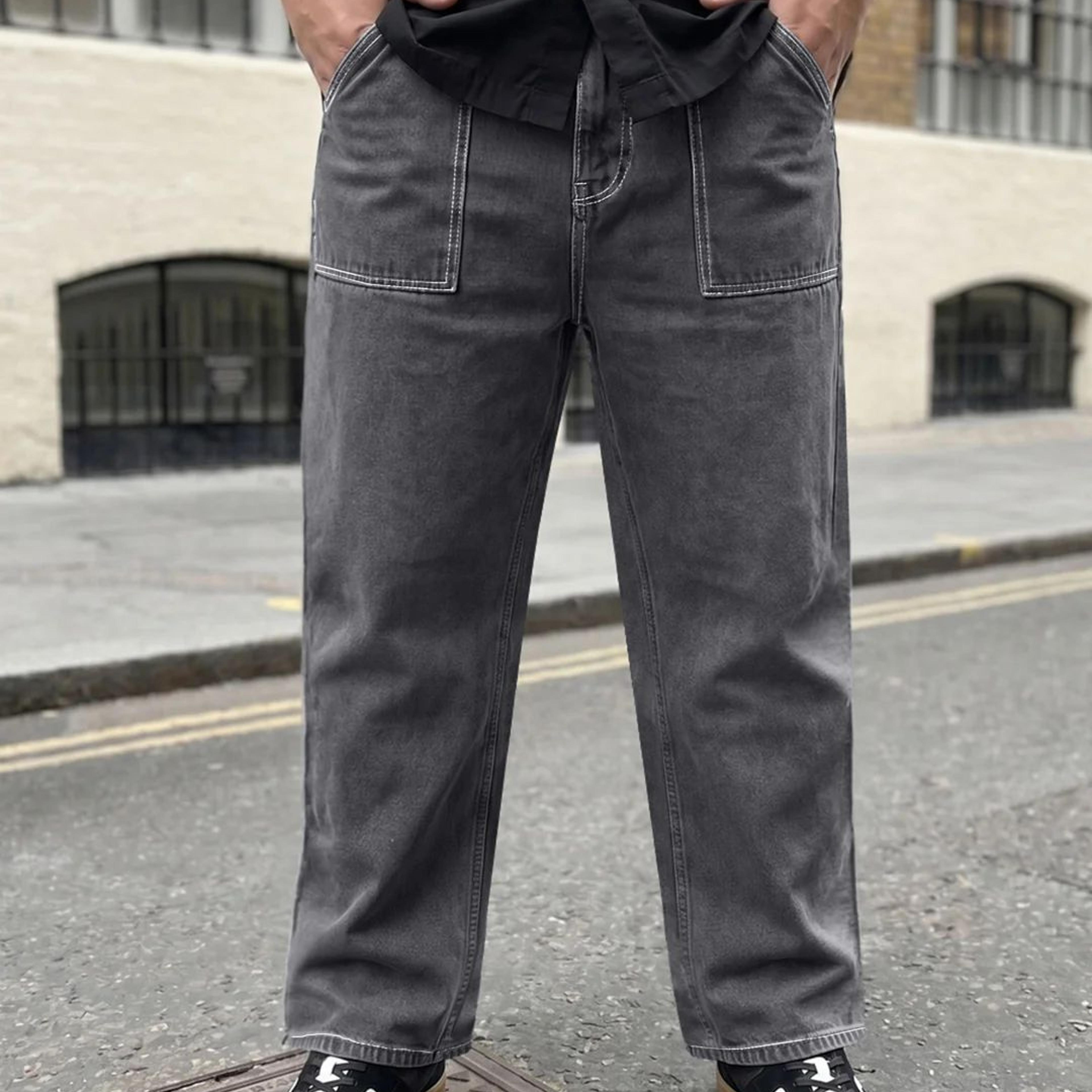 Plus Men's Dark Grey Loose Baggy Fit Washed Denim Jeans Non-Stretchable
