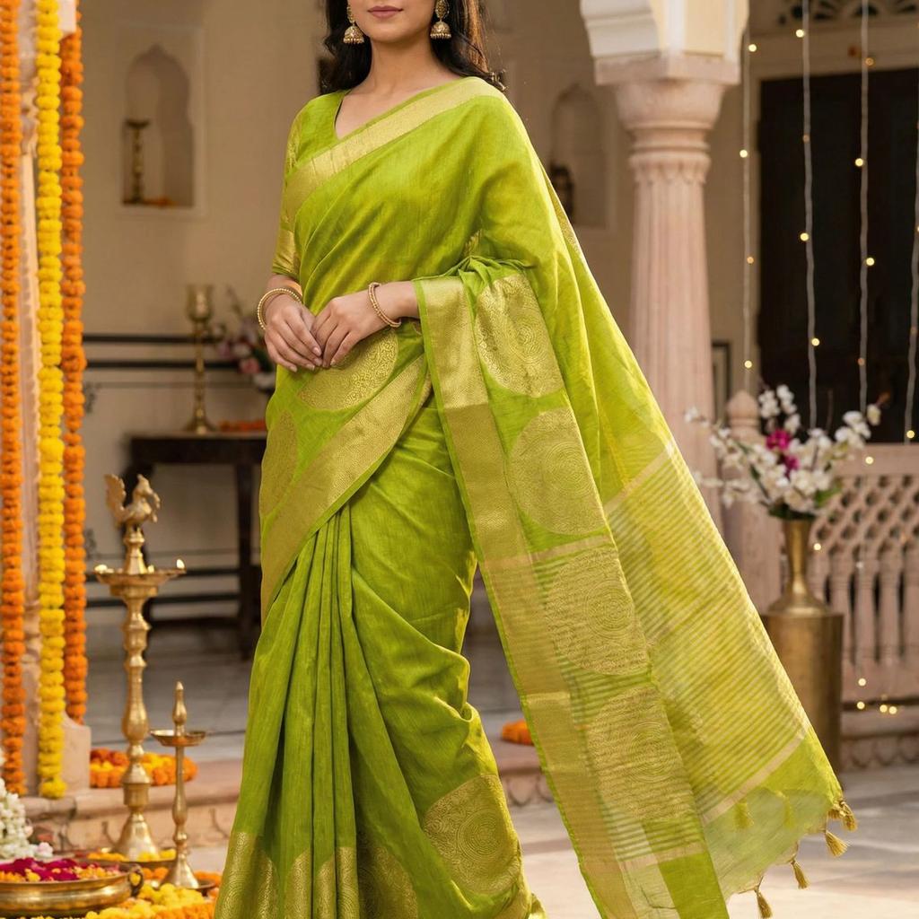 MIMOSA Women's Woven Design Kanjivaram Style Art Silk Saree with Blouse Piece - Olive ( SA00003148OLFREE )