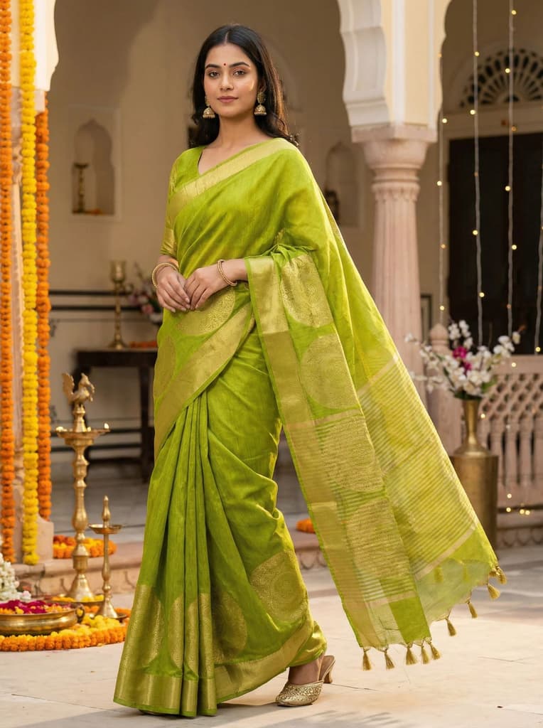 MIMOSA Women's Woven Design Kanjivaram Style Art Silk Saree with Blouse Piece - Olive ( SA00003148OLFREE ) — Default Title