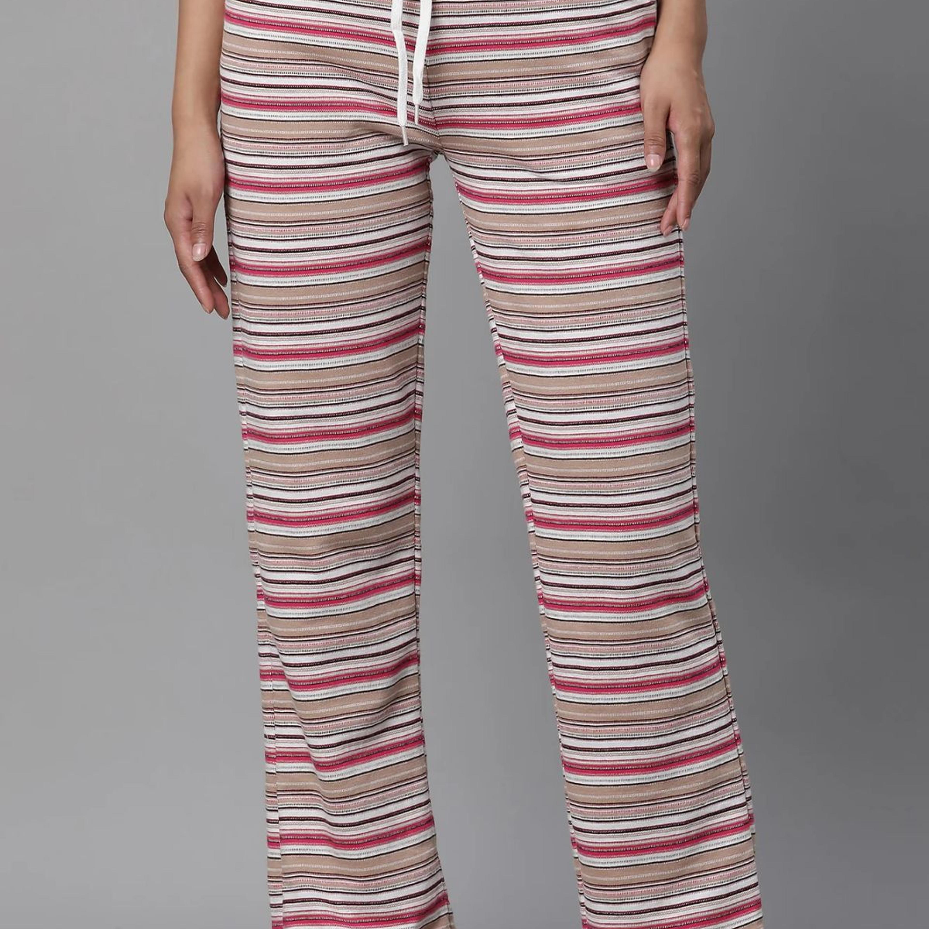 Pink Striped Printed Straight Fit Pants With Drawstring