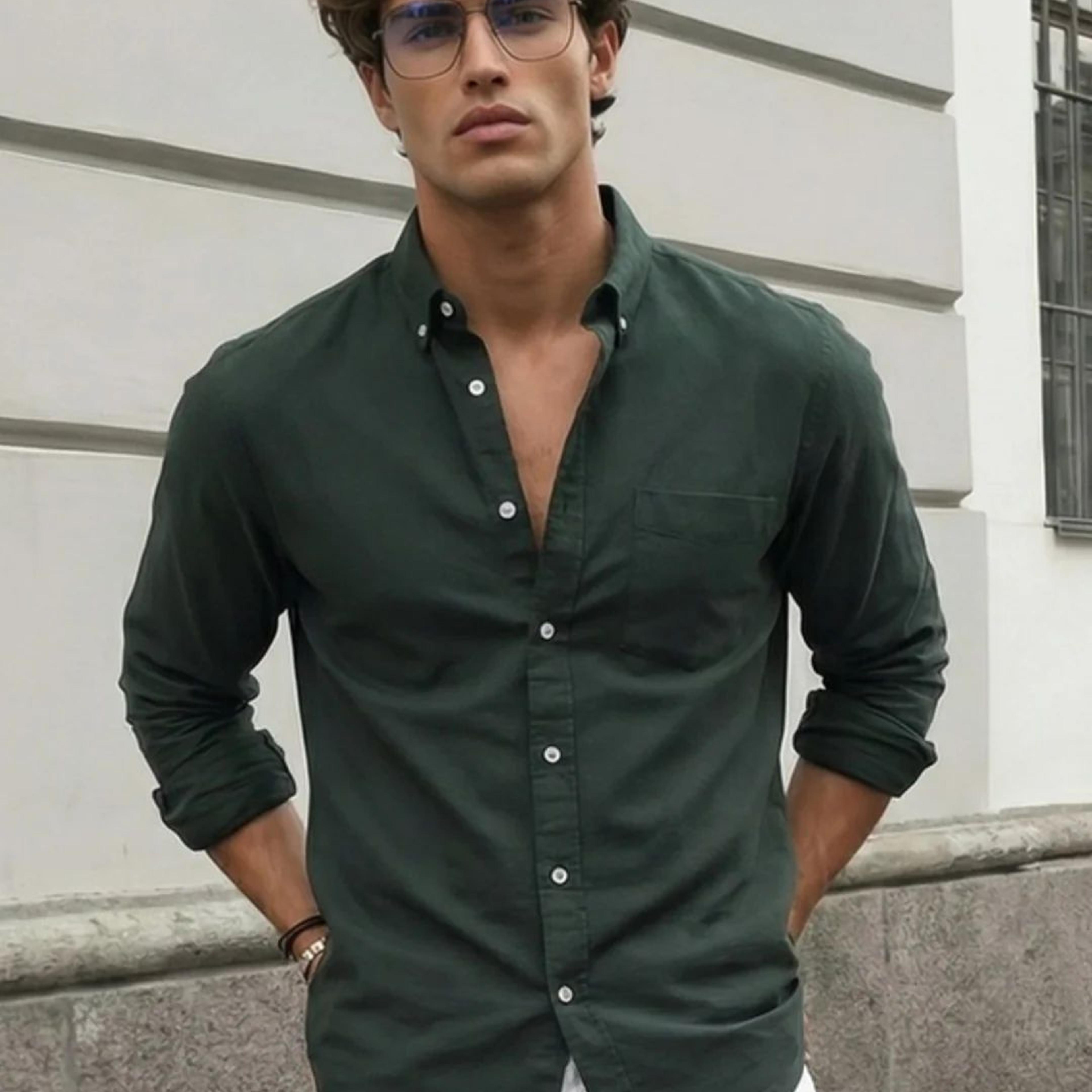 Men's Dark Green Cotton Full Sleeve Regular Fit Solid Oxford Shirt With Button-Down Collar