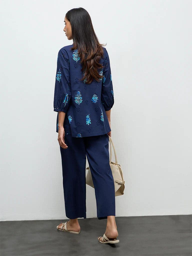Utsa Navy Floral Printed Cotton Tunic — photo 4