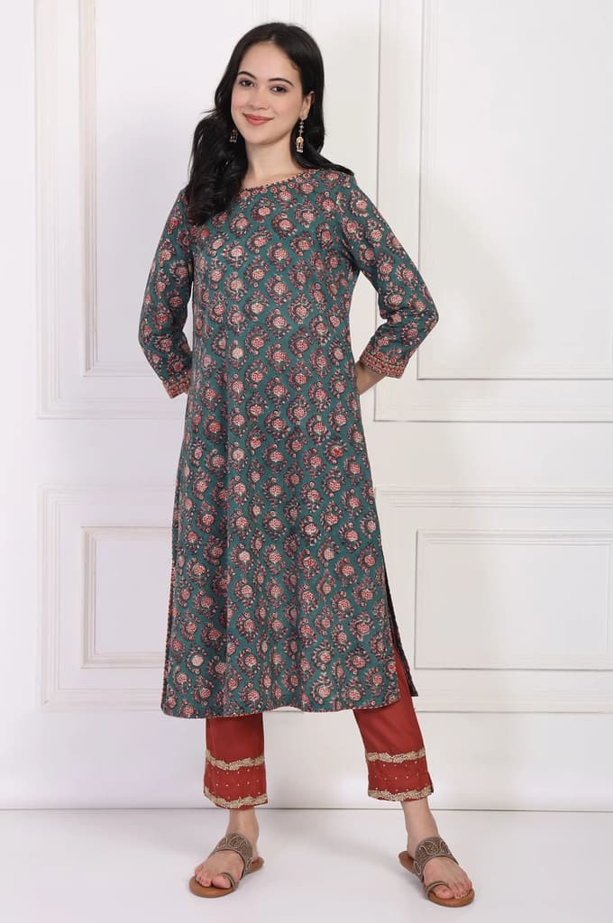 Green Floral Block Printed Embroidered A-Line Cotton Kurta — photo 2