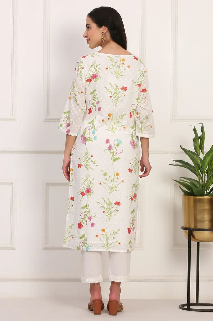 Ecru Floral Printed Straight Pure Cotton Kurta — photo 5