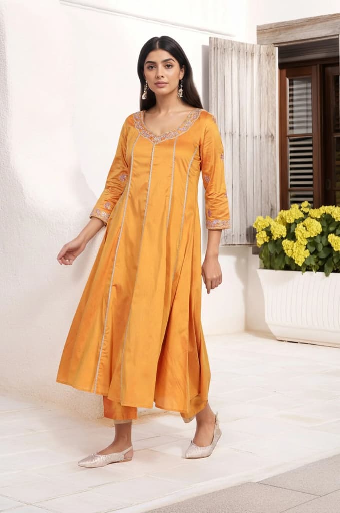 Yellow Embroidered Anarkali Jacquard Kurta with Straight Pant and Dupatta Set — photo 6
