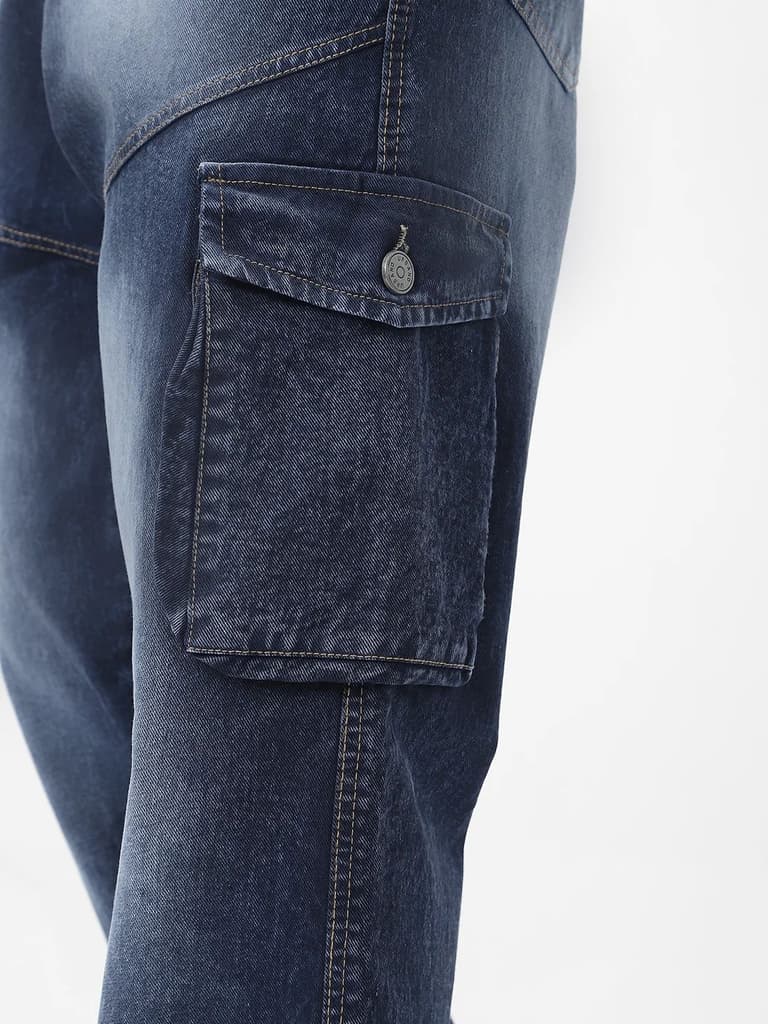 Men's Navy Loose Fit Cargo Jeans With 7 Pockets Non Stretchable — photo 5