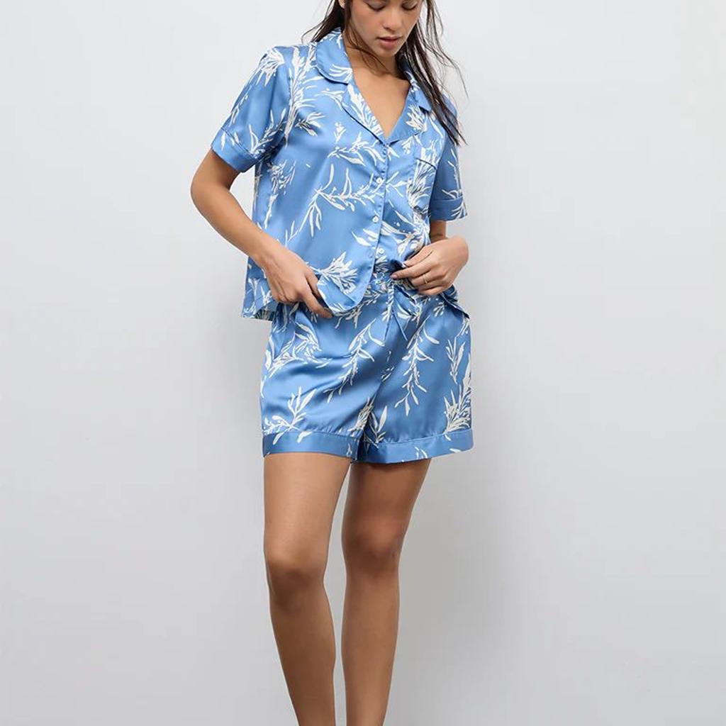 Wunderlove Blue Foliage Printed Shirt and Shorts Set