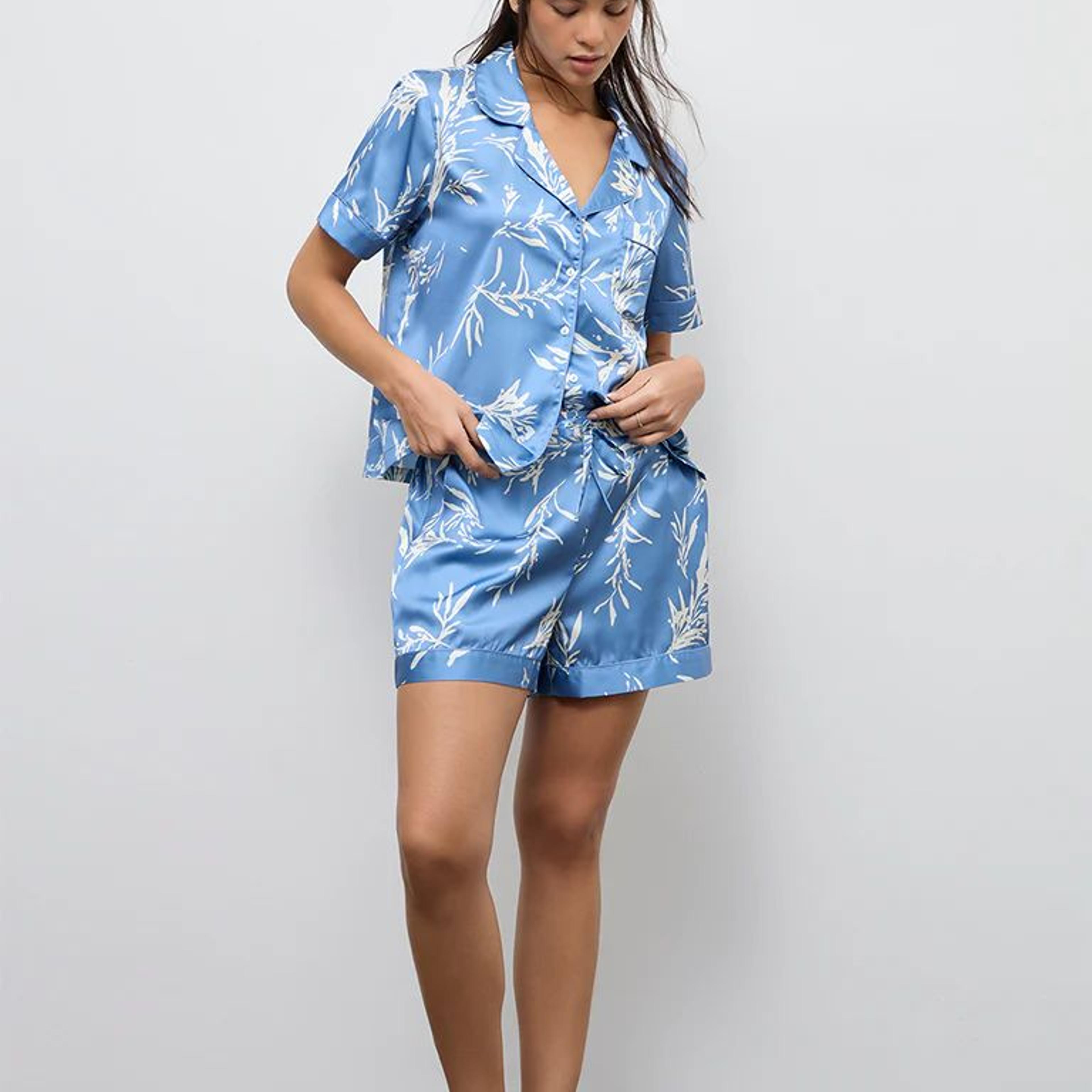 Wunderlove Blue Foliage Printed Shirt and Shorts Set