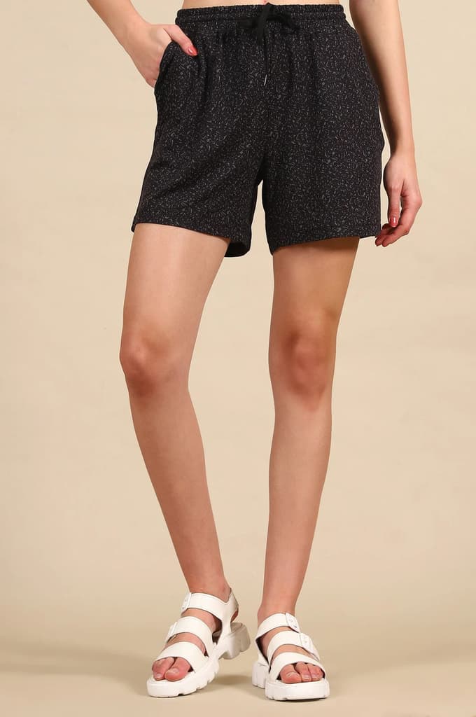 Black Abstract Printed Loose Fit Shorts With Drawstring