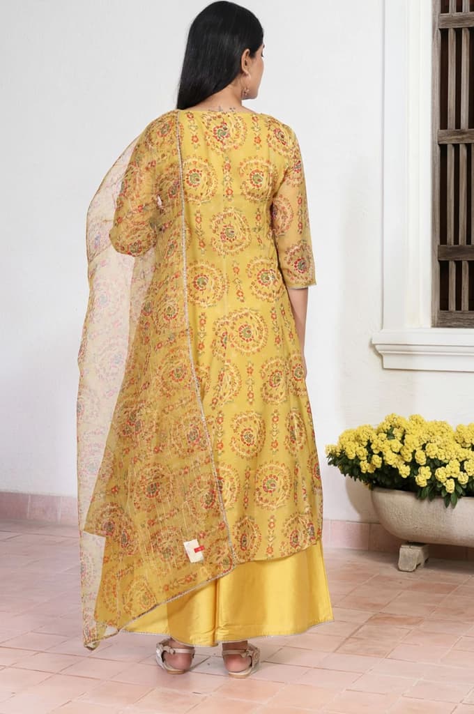 Yellow Embroidered Anarkali Organza Kurta with Flared Pant and Dupatta Set — photo 5