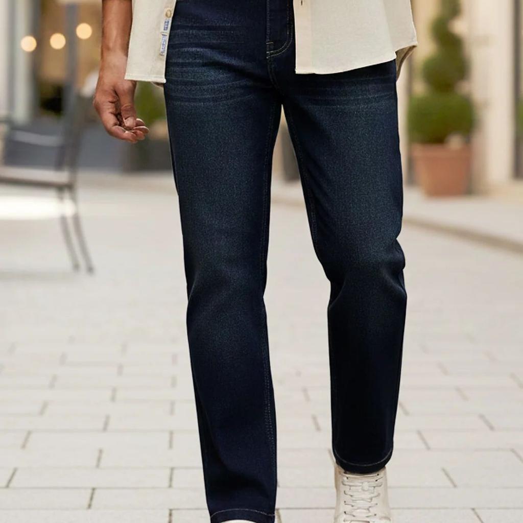 Men's Dark Blue Regular Fit Whisker Wash Yellow Tint Denim Jeans Stretchable
