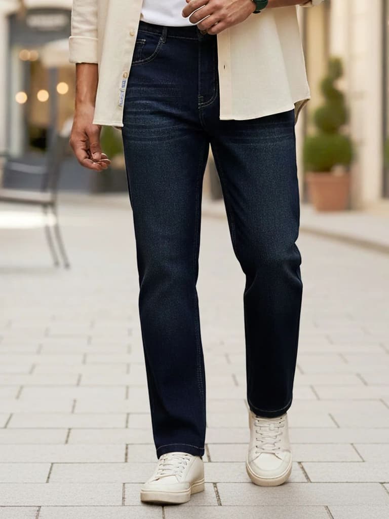 Men's Dark Blue Regular Fit Whisker Wash Yellow Tint Denim Jeans Stretchable — 28 / Dark Blue