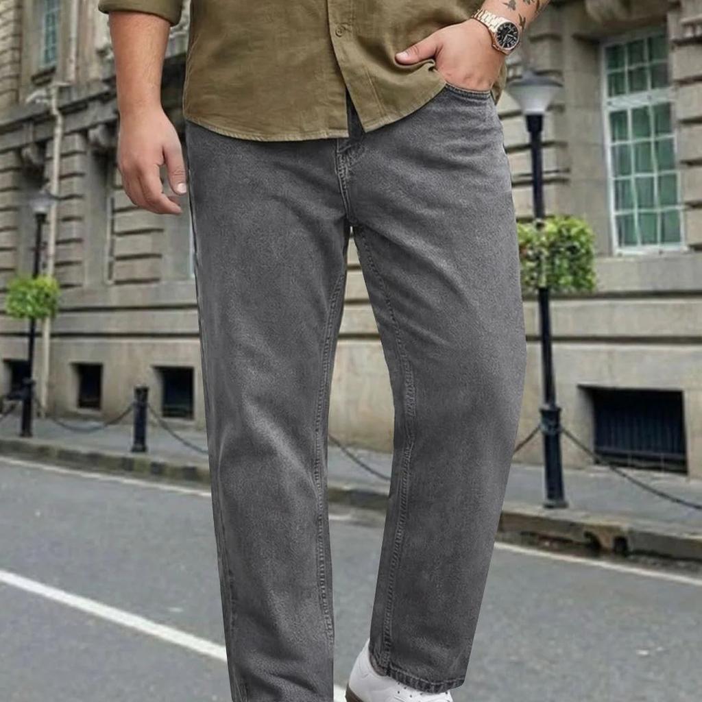 Plus Men's Light Grey Relaxed Fit Washed Denim Jeans Non-Stretchable