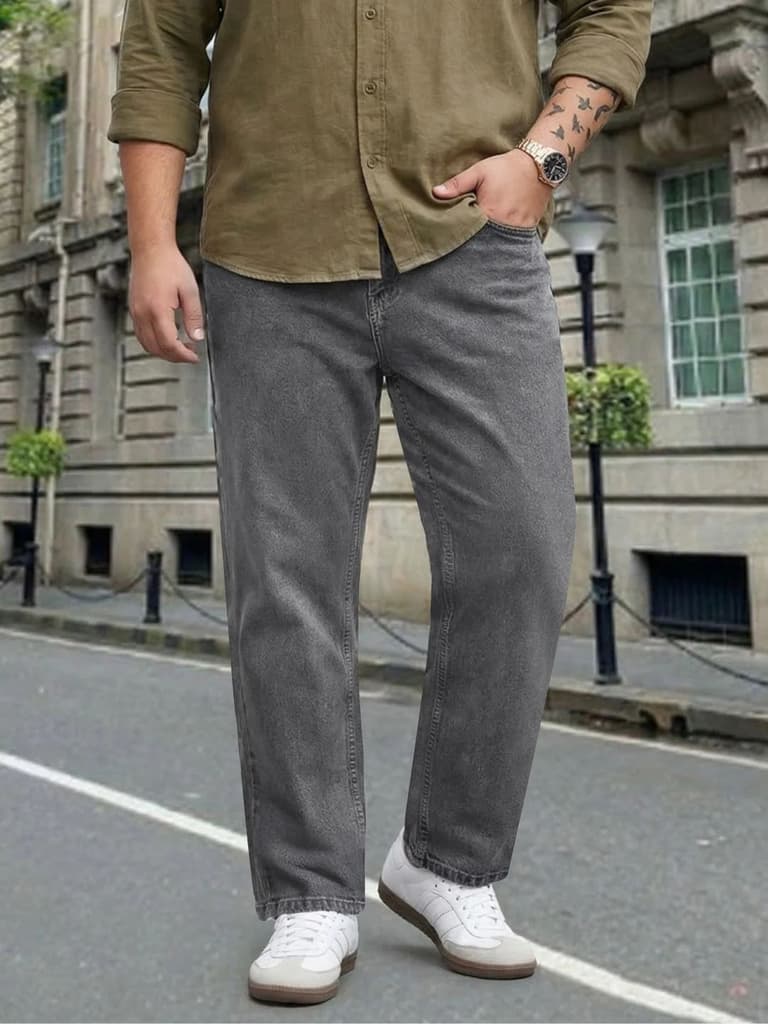 Plus Men's Light Grey Relaxed Fit Washed Denim Jeans Non-Stretchable — 36 / Light Grey