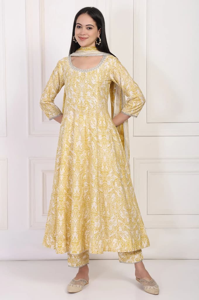 Yellow Paisley Printed Embellished Anarkali Kurta with Straight Pant and Dupatta Set — XS