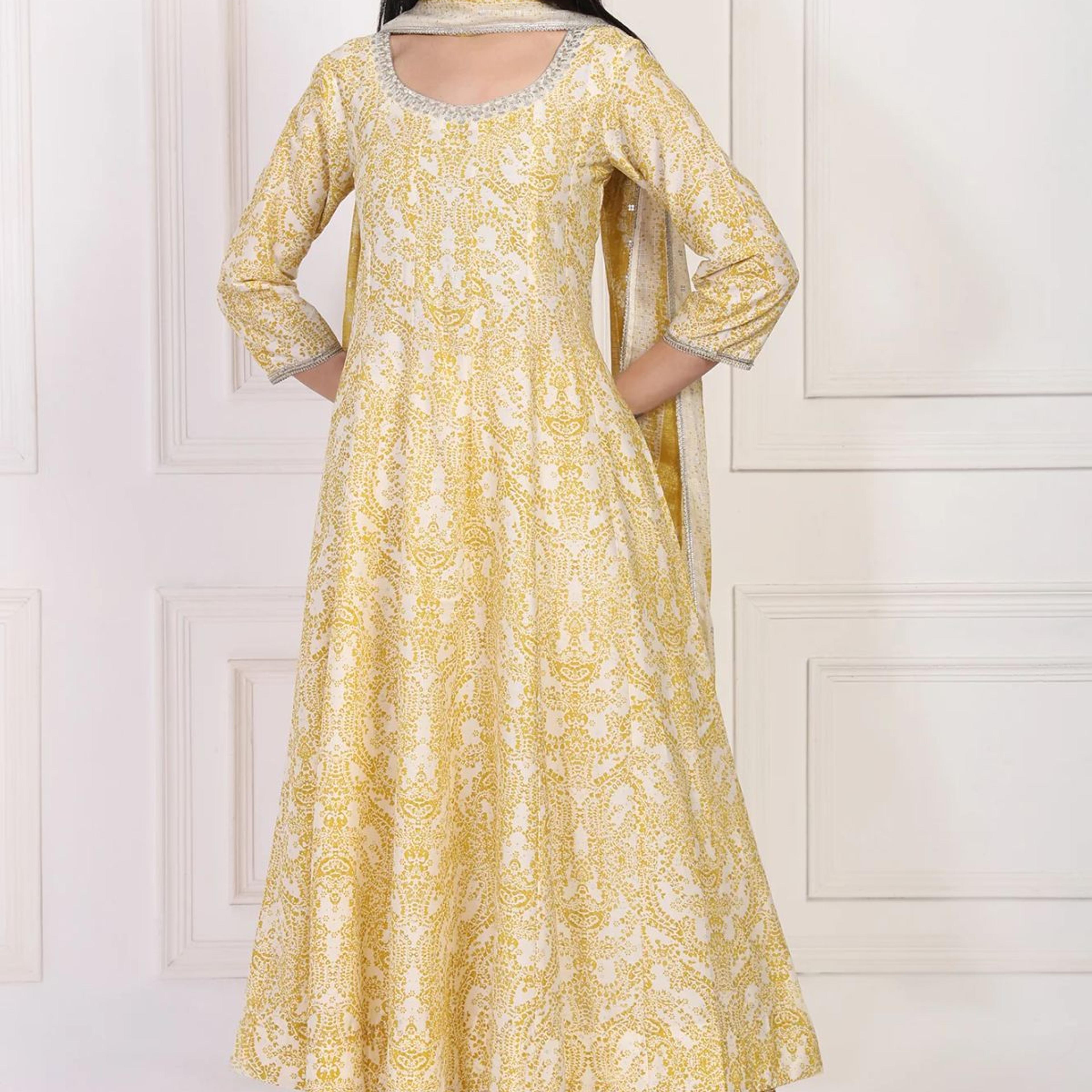 Yellow Paisley Printed Embellished Anarkali Kurta with Straight Pant and Dupatta Set