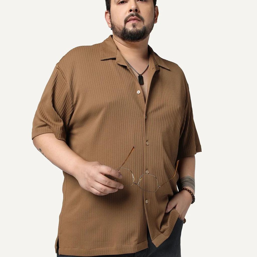 Plus Men's Mocha Cotton Half Sleeve Oversized Fit Textured Shirt with Cuban Collar