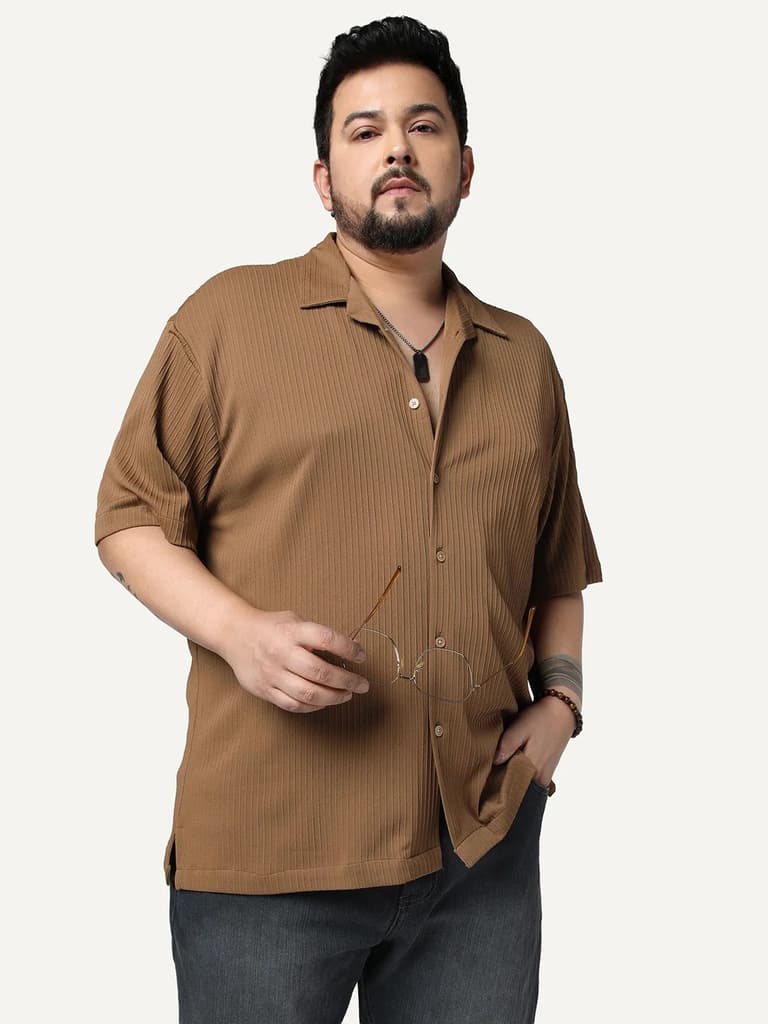 Plus Men's Mocha Cotton Half Sleeve Oversized Fit Textured Shirt with Cuban Collar — 2XL / Mocha