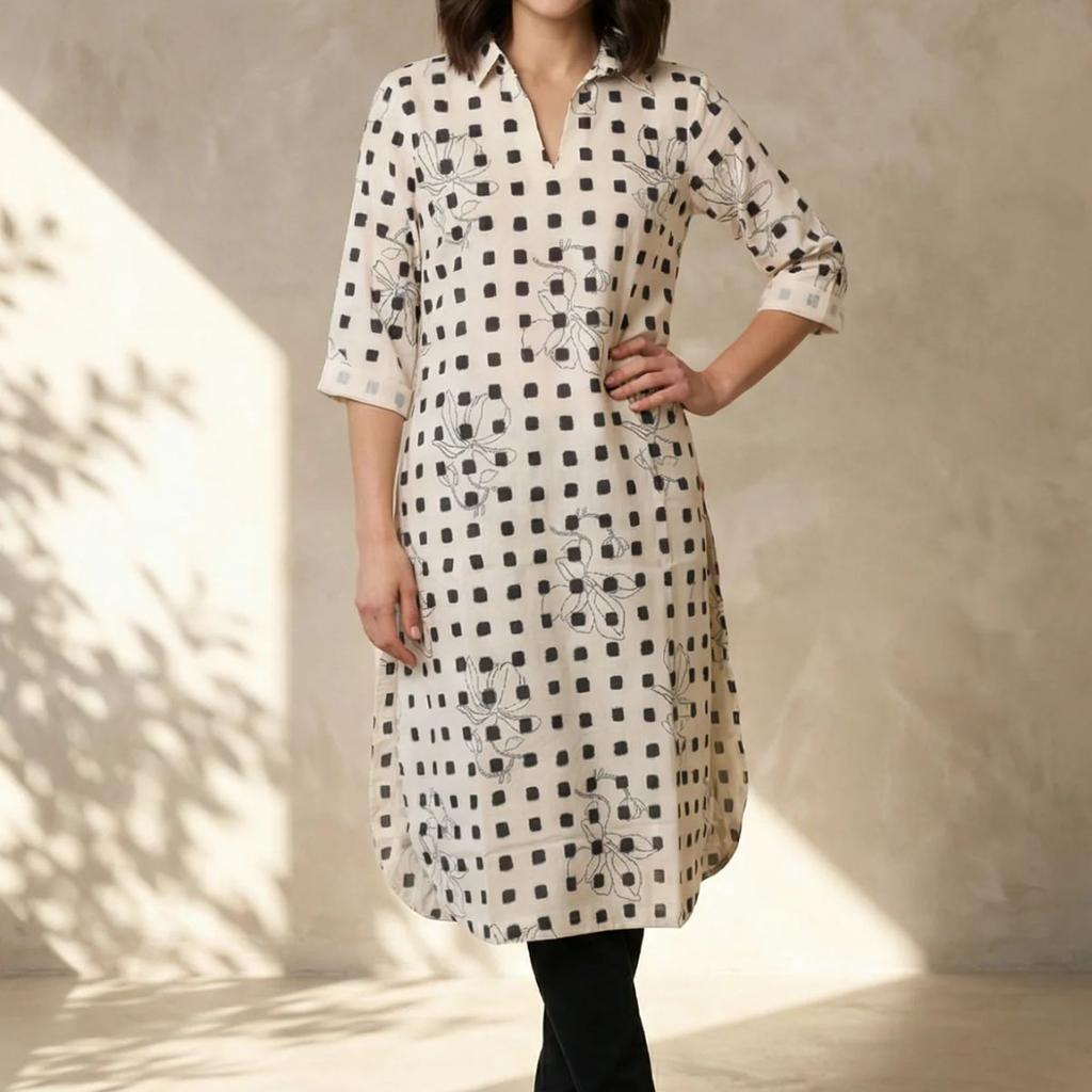 Off White Geometric Printed Pure Cotton Straight Kurta