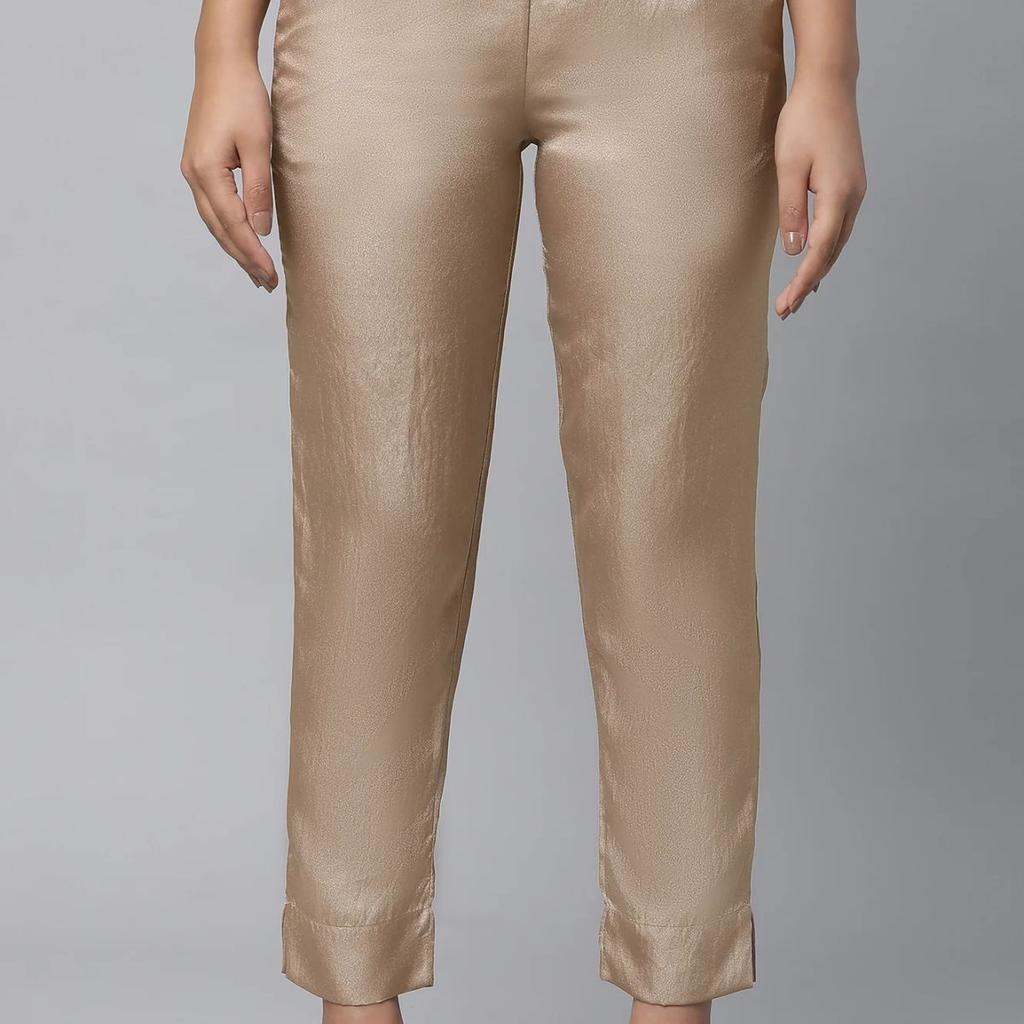 Gold Solid Straight Fit Satin Pants With Elasticated Waist