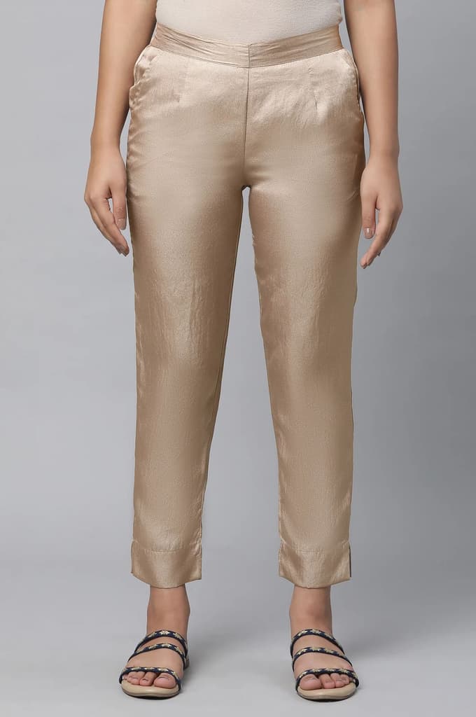 Gold Solid Straight Fit Satin Pants With Elasticated Waist