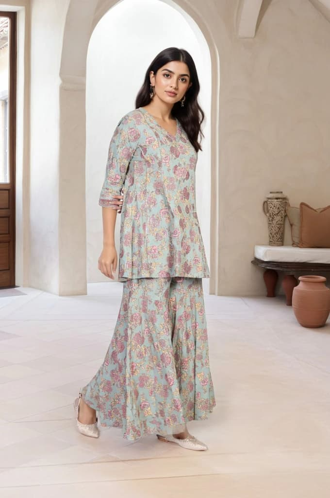 Light Green Floral Printed Lace Trim Peplum Rayon Kurta with Sharara and Dupatta Set — photo 4