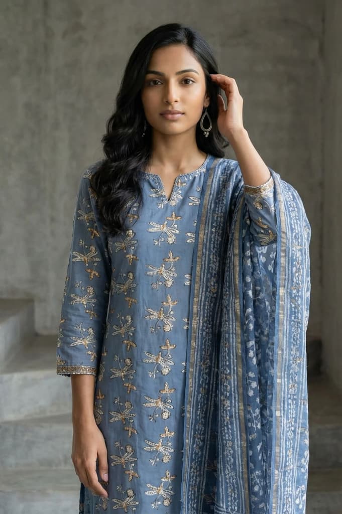Indigo Blue Block Printed Cotton Silk Kota Dupatta with Zari Border — FS
