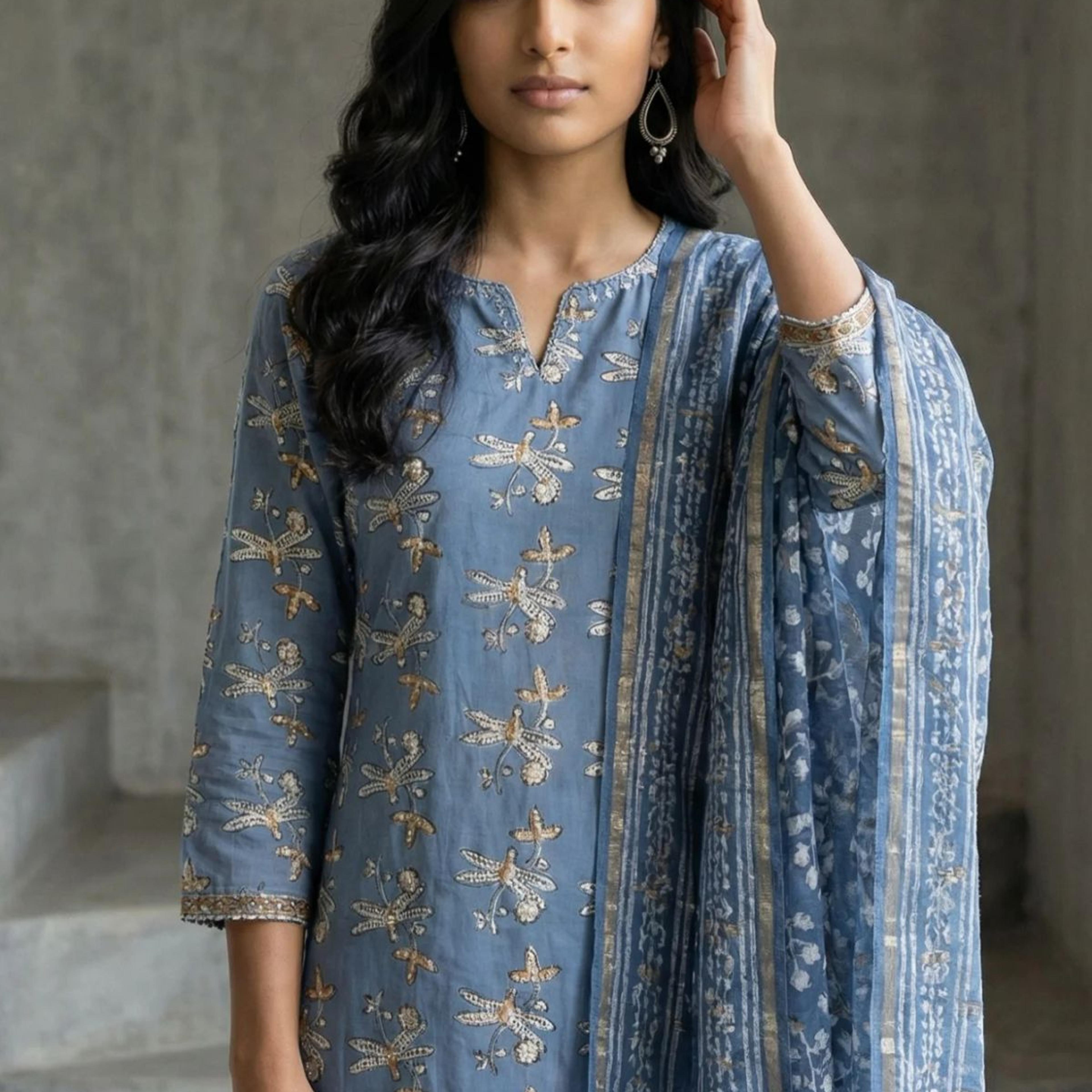 Indigo Blue Block Printed Cotton Silk Kota Dupatta with Zari Border