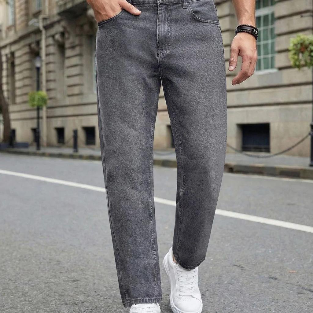 Men's Light Grey Relaxed Fit Washed Denim Jeans Non-Stretchable