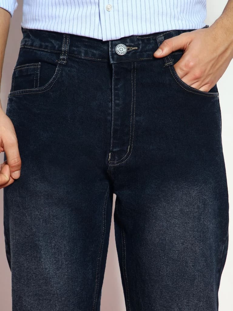 Men's Dark Grey Straight Fit Washed Jeans Stretchable — photo 5