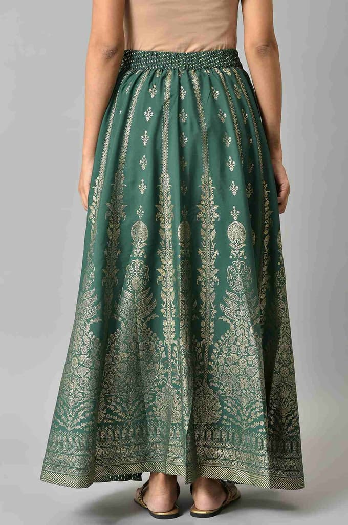 Green Floral Printed Flared Woven Skirt With Elasticated Waist — photo 2