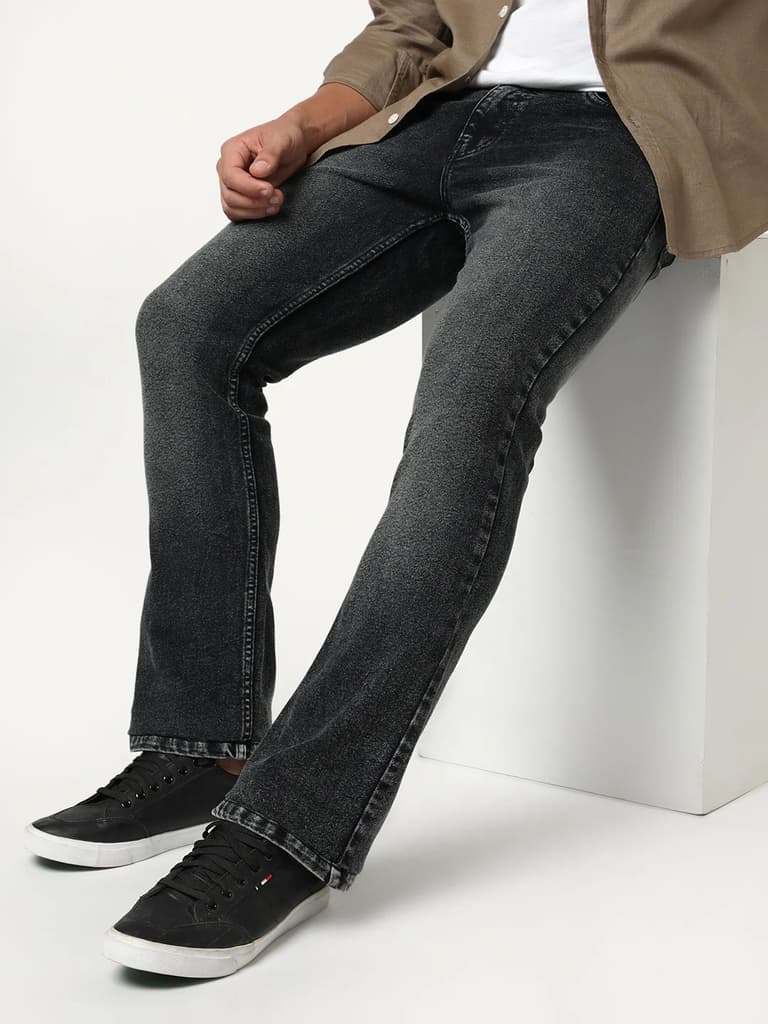 Men's Black Bootcut Fit Mid Rise Tinted Heavy Washed Jeans Stretchable — 28 / Black